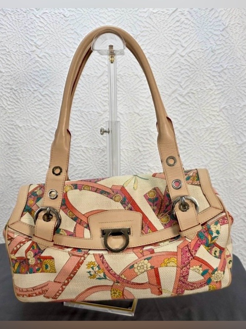 Salvatore Ferragamo Y2K Floral Gancini Canvas Shoulder Bag Made in Italy